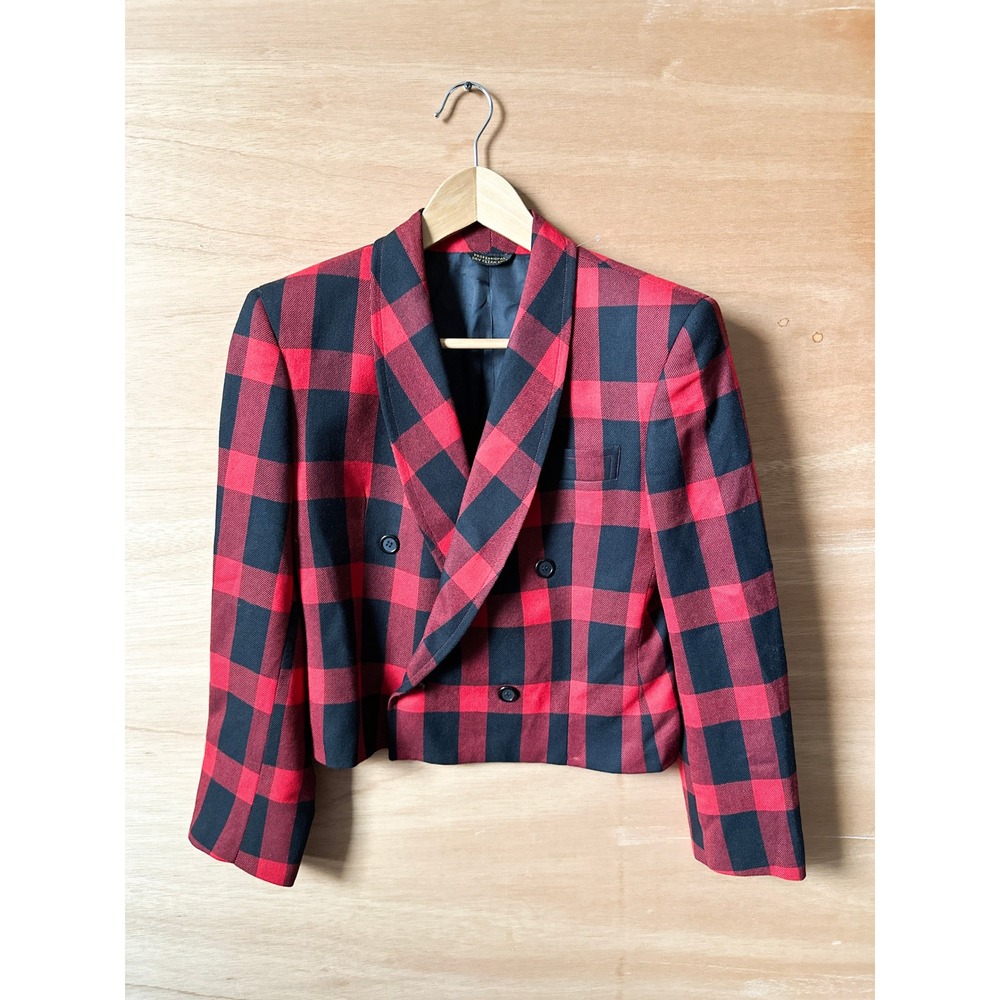 Vintage Red Black Plaid Double Breasted Cropped Blazer‎ Jacket Women Size 4